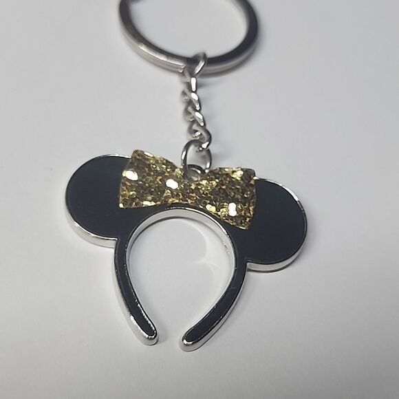 Disney Mickey / Minnie Mouse EARS Gold Glitter Bow Keychain - Picture 2 of 5